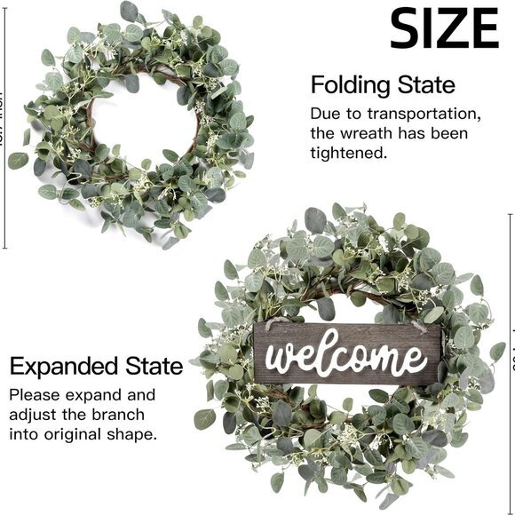 Green Eucalyptus Leaf Wreath Welcome Sign 20in Art for Front Door Wall Window - Picture 5 of 6